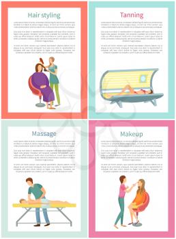 Hair styling tanning and massage posters with text sample vector. Solarium for changing skin color, hairdresser and man masseur with client, make up