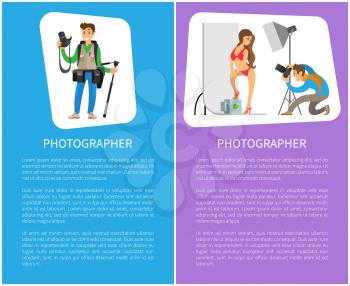 Photographer and model in swimsuit at photo studio. Man holding camera making shots of woman wearing red underwear with stilettos vector posters text sample
