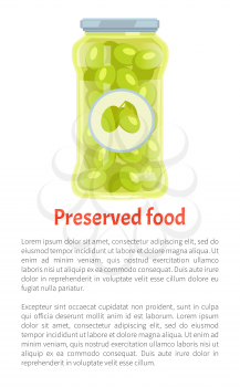 Preserved food promo poster with olives in jar and text. Greek vegetable, salty or spicy marinade inside glass container banner vector illustration.