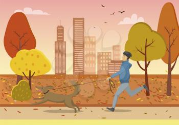Autumn park and guy running with dog on leash in morning. Man jogging, pet walking at dawn, city skyscrapers, fall leaves on trees vector illustration