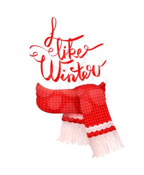 I like winter greeting card, red knitted scarf with white woolen threads isolated vector. Cachemire handmade warm neckerchief accessory, wintertime cloth