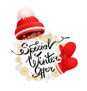 Special winter offer promo banner with warm red hat, pom-pom, knitted gloves. Woolen mittens and headwear, realistic outfit gauntlet, personal accessories