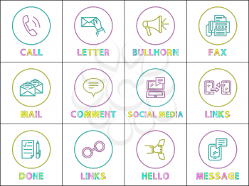 Bright round linear icons with special symbols set. Calling and message or information exchange outline elements cartoon flat vector illustrations.