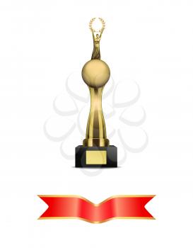 Award and banners icons set. Trophy for winner with human figure holding laurel branches. Victory reward on pedestal and ribbon isolated  vector