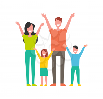 Happy family colorful vector icon in cartoon style. Group of smiling people, parents and children standing together with hands up having fun banner