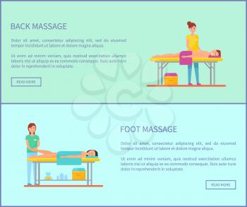 Back and foot medical massage session isolated cartoon vector banners set. Masseur in uniform and patient lying on special table covered by towel