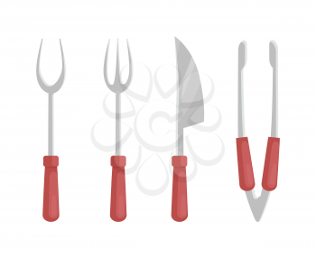 BBQ barbecue flatware set of isolated icons vector. Tongs and knife forks with wooden handle. Crimper and utensil with sharp blade for barbeque cooking