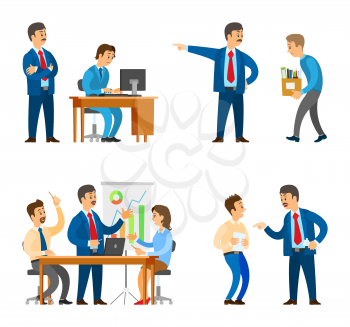 Boss in office, director firing man, bad employee walking to exit vector. Seminar business gathering of workers brainstorming and finding solution