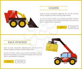 Bale stacker and loader set of posters with text. Agricultural machines for farming. Baler with cube of compressed dry hay cube transporting vector