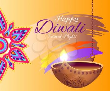 Happy Diwali festival of lights bright poster decorated with traditional candle and colorful mandala. Vector illustration with indian symbols on yellow