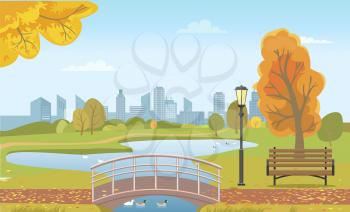 Autumn city park with pond and ducks under bridge, wooden bench, fall leaves on trees. Seasonal landscape, skyscrapers at horizon vector illustration.