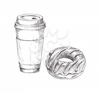 Paper or plastic disposable cup with coffee or tea, and glazed donut. Food and drink to takeaway advertising monochrome hand-drawn style icons set vector