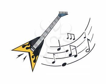 Electric guitar musical instrument with notes vector. Tablature with sounds signs lines, sheet music. Notation and melody making object with flames