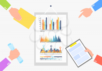 Infochart business statistics information and data vector. Businessman hands pointing at flowcharts, holding documents and clipboard with pages plan