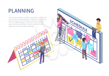 Planning people, man with laptop and worker with pen vector. Calendar and board with notes, reminders organizer. Planners schedule, work organization