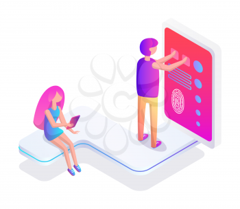 Virtual reality man and touchscreen vector isolated isometric 3d icon with male wearing vr goggles and looking at big display, woman sitting with tablet