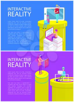 Interactive reality, mobile phones and cells used by man and woman. Set of posters with text sample. Laptops and vr glasses goggles, spectacles vector