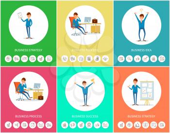 Business strategy and idea, success planning of businessman vector. Isolated conceptual icons in flat style. Presentation of successful office worker