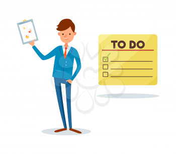 To do list and man showing clipboard page with pie diagram and charts vector. Analyst holding presentation sheet with data, leader with strategy plan