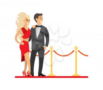 Famous celebrities couple on red carpet. Woman in dress near man wearing tuxedo, actress and actor, singer or superstar vector illustration isolated.