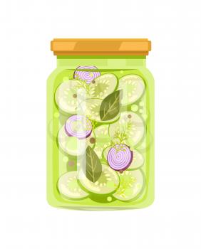 Vinegar pickled vegetable marrow with sliced red onion, bay leaf, dill and pepper condiment. Canned zucchini in big glass jar vector illustration.