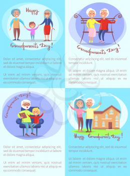 Happy Grandparents Day set of posters with text. Isolated vector illustration of cheerful grandmother and grandfather with their grandchildren
