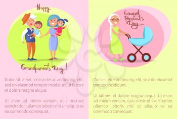 Happy grandparents day poster with senior lady with trolley pram taking care about newborn child and old couple with kids vector illustrations set