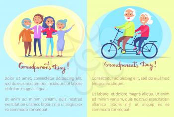 Happy grandparents day poster with senior couple riding on bike and having fun with grown up children. Grandmother and grandfather vector set