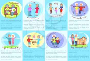 Happy Grandparents Day collection of posters depicting older people. Isolated vector illustration of smiling senior citizens and young grandchildren