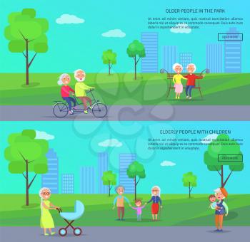 Old people in park vector banners set senior lady pushing trolley, mature couples riding bike and grandpa holding grandson, on background of skyscrapers