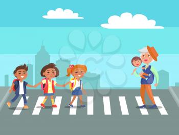 School children and grandfather with grandson on crosswalk vector illustration on background of cityscapes. People crossing road in city center