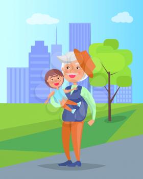 Middle-aged man with grandson in hands vector illustration on background of skyscrapers. Mature gentleman in hat with little boy, grandpa and child