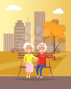 Middle-aged couple sitting on bench together, old husband and wife on background of skyscrapers in city park at sunset vector illustration