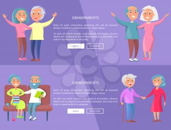 Grandparents web posters with senior lady and gentleman with stick walk together holding hands and sitting at home doing daily activities vector