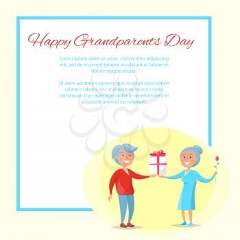 Happy grandparents day poster with senior couple giving presents to each other, man with gift box and woman holding flower vector with place for text in frame
