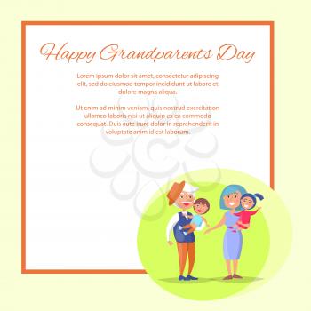 Happy grandparents day poster with senior couple holding children on hand, grandpa and grandma with kids vector with place for text in frame