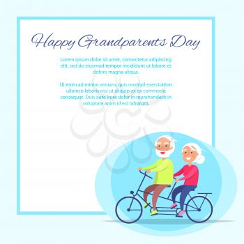 Happy grandparents day poster with senior couple riding on bike. Grandmother and grandfather sit on bicycle together vector with place for text in frame