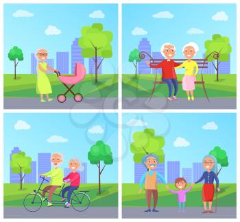 Set of vector illustrations with grandparents and kids in city park on background of skyscrapers. grandma pushing pram with newborn child, riding bike