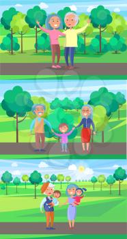 Happy grandparents senior couple wave hands and walk with kids on background of green trees in park set of vectors. Mature people together on walk