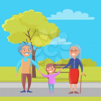 Happy grandparents senior couple walking with grandson holding hands on background of bench and green tree in city park vector illustration