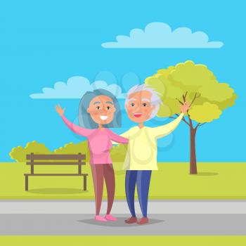 Happy grandparents senior lady and gentleman with stick walk together holding hands on background of bench and green tree in city park vector illustration