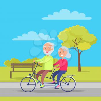Happy mature couple riding together on bike on background of bench and green tree in city park vector illustration. Husband and wife on retirement
