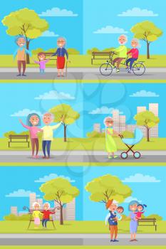 Set of vector posters with grandparents and kids doing daily activities in city park on background of bench and skyscrapers banners collection