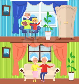 Happy grandparents day poster with senior man reading book to grandson and couple sitting together on sofa in cosy house in front of window with curtains.