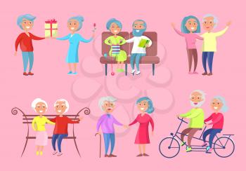 Older people isolated vector illustration on pink background. Couples enjoying their time together inside and outside. Husbands and wives having fun