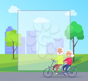 Happy mature couple riding together on bike on background of skyscrapers in city park vector with frame for text. Husband and wife on retirement