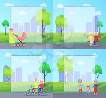 Set of vector illustrations with grandparents and kids in city park on background of skyscrapers. grandma pushing pram with newborn child, riding bike