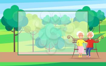 Middle-aged couple sitting on bench together, old husband and wife on background of green trees in park vector with frame for text