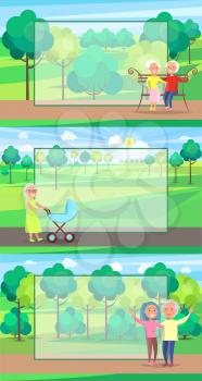 Mature people together grandparents sit on bench, walk with newborn boy and ride bike on background of green trees set of vector with frame for text.