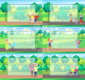 Mature people together grandparents sit on bench, walk with newborn boy, play with kids and ride bike, green trees set of vector with frame for text.